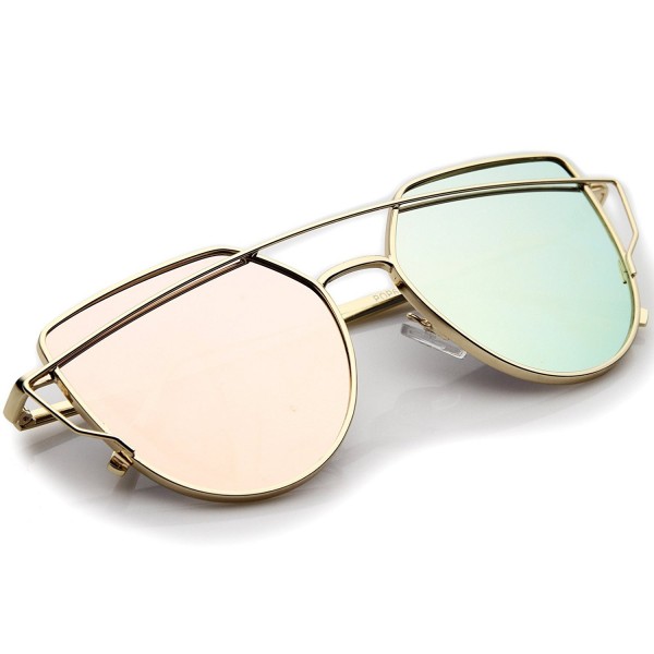 Small Metal Frame Thin Temple Color Mirror Flat Lens Aviator Sunglasses 54mm Gold Pink