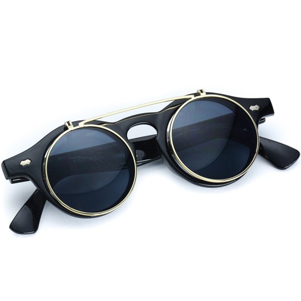 Flip Up Cyber Steampunk Round Circle Retro Sunglasses Black Frame Gold Rimmed Black Lens 